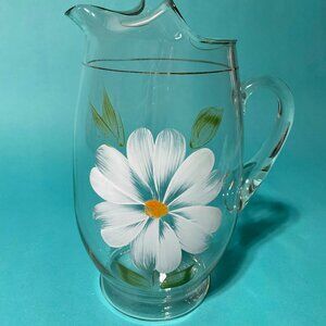 Vintage Clear Glass Water Pitcher | Hand-Painted Daffodil Floral, Wavy Rim